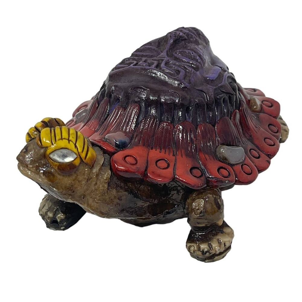 Vintage Turtle AZTECH Mexico Epoxi GLAZED Multi-Colored Turtle Figurine 5" Long